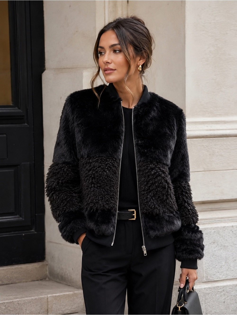 John & Jenn Amy Faux Fur Bomber Jacket - Caviar Black - XS - Revolve - MSRP $295